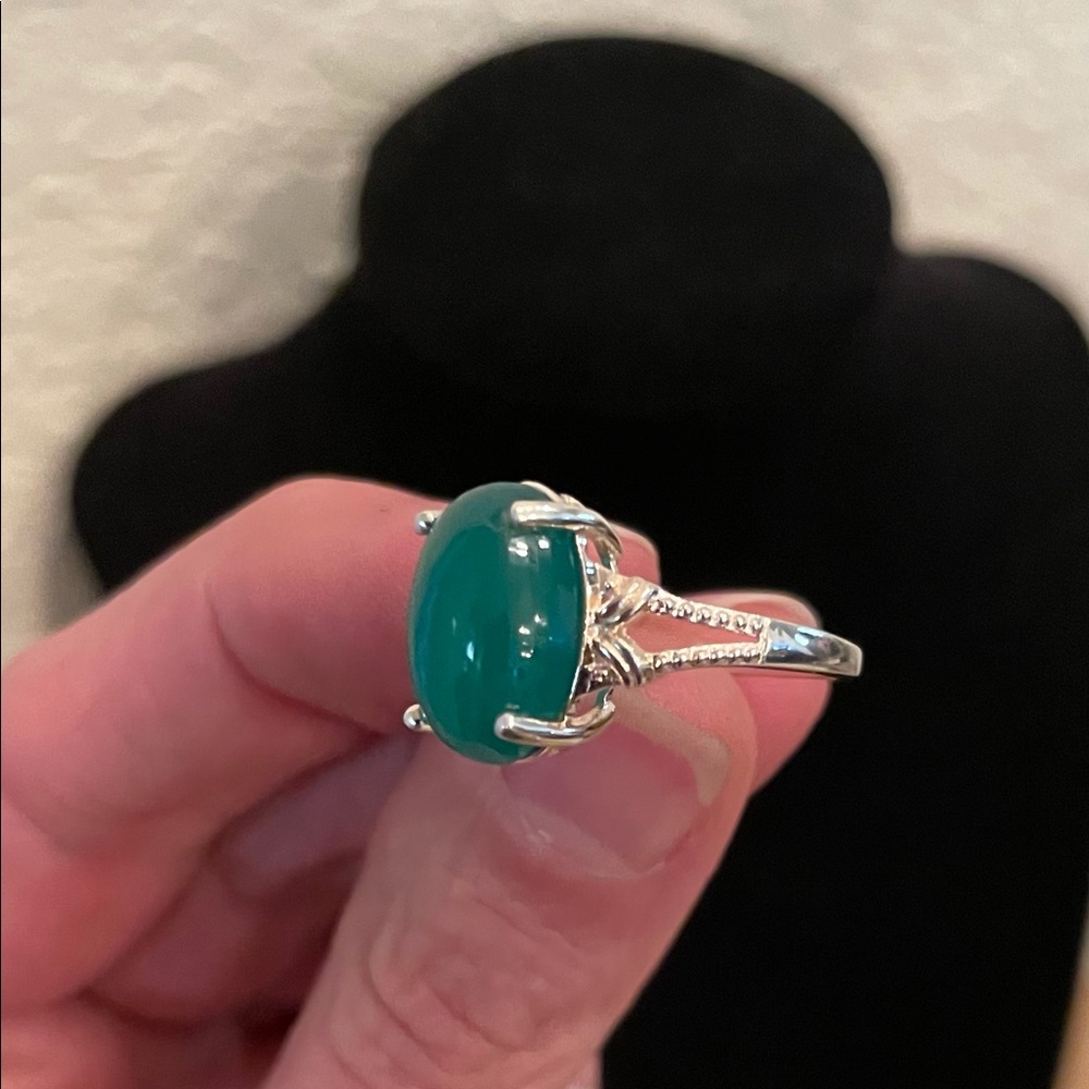 Solid Sterling Silver 925 Size 6 Emerald Cabochon… - image 3